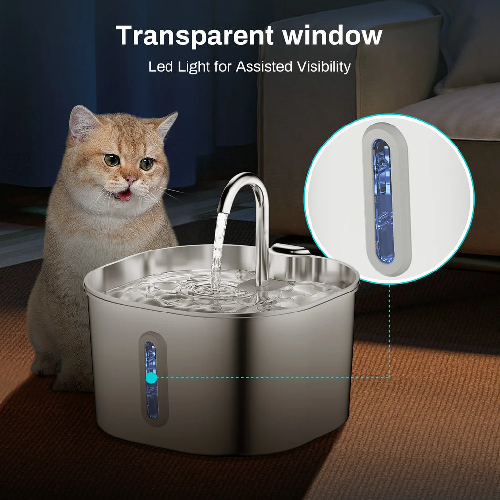 2.2L Automatic Cat Water Fountain Square Stainless Steel Pet Water Feeder Dog Water Fountain with Window（No 5V 1A Plug）