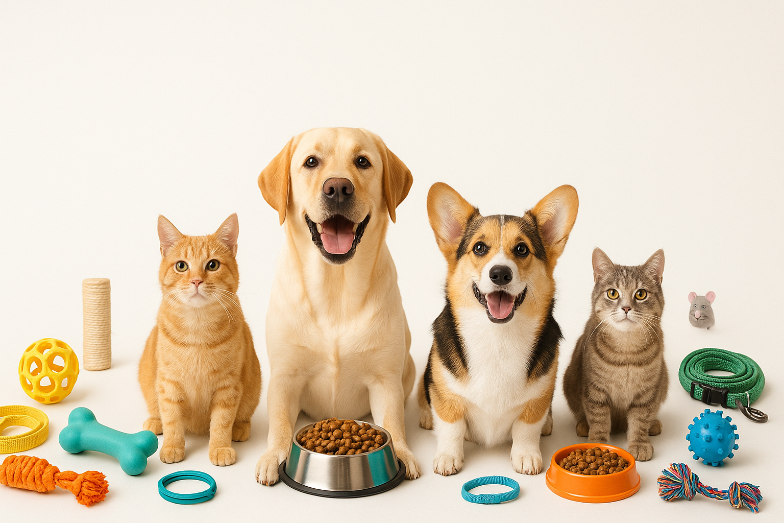 Generate a hero image for a pet supplies store, with more blank space at the top and bottom.